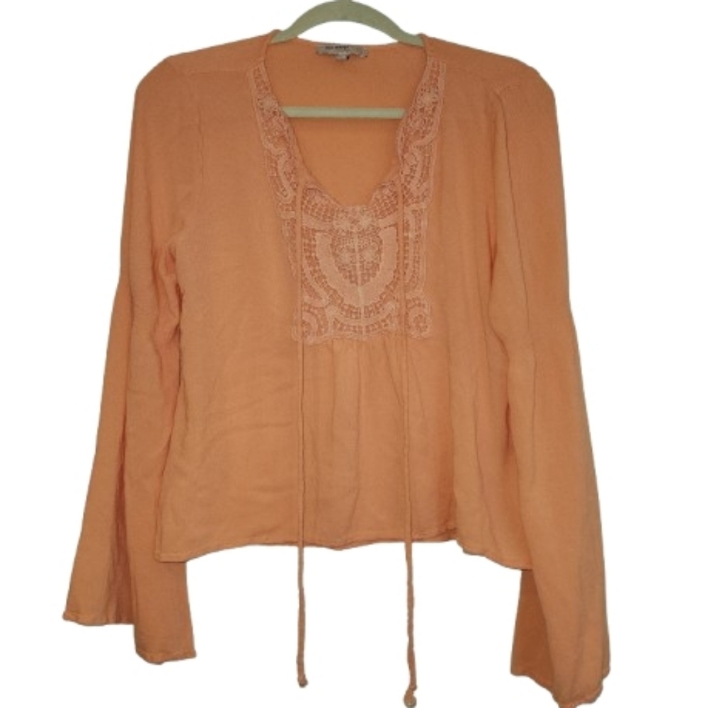 Blu Pepper Vintage Apricot Peasant Blouse Size M Crochet Bell Sleeve Boho Ties - Picture 1 of 9